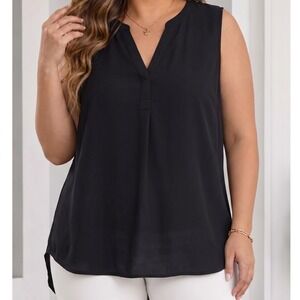 Crown & Ivy Womens 3X Black Sleeveless V-Neck Pleated Rayon Blouse Top